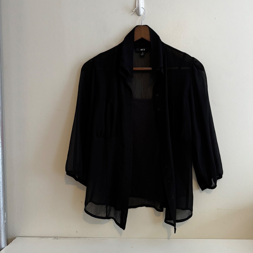 BCX Women's Sz M Black Sheer 2-in-1 Button Up Blouse Whimsigoth Coquette Layers